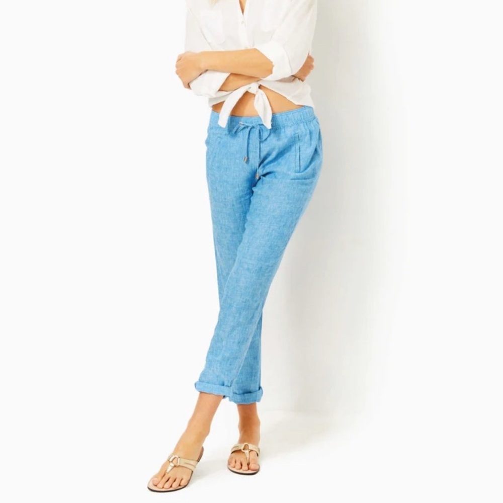 Lilly Pulitzer 31” Taron Mid-Rise Linen Pant Beckon Blue Small